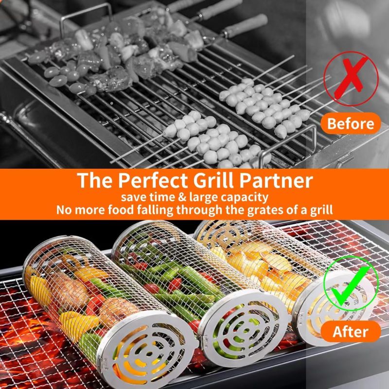 Photo 1 of  Grilling Baskets for Outdoor - Grill Grate Charcoal Round BBQ Stainless Steel Basket Campfire Grid Camping Picnic Cookware 