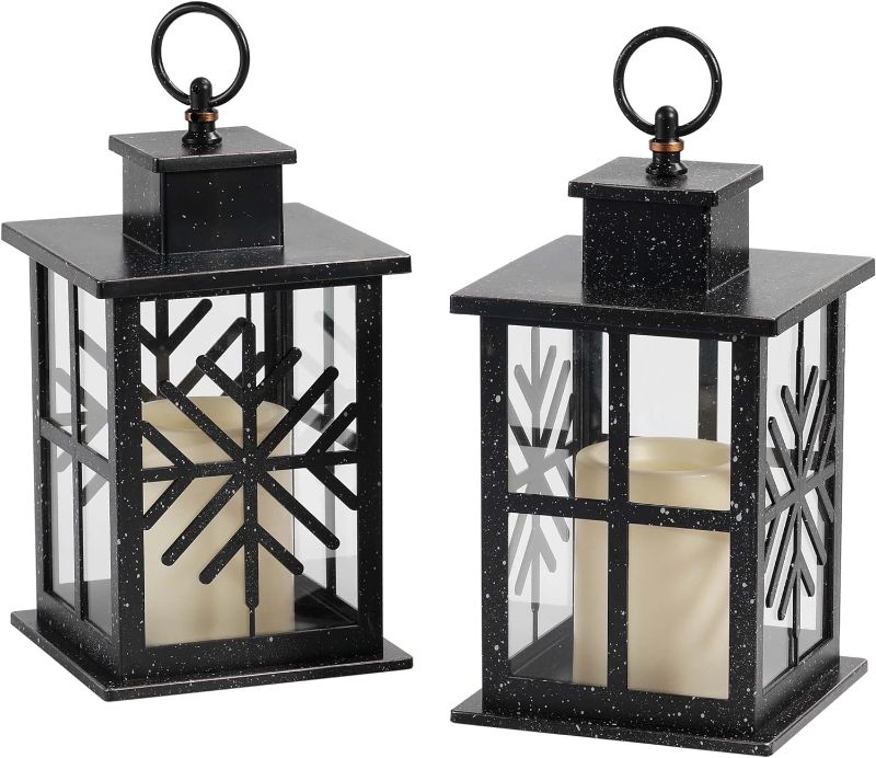 Photo 1 of 11 High ABS and Glass Decorative Hanging Lanterns, Set of 2 - Black Lanterns with LED Flickering Candles, 6-Hour Timer, Battery Powered, Snowflake Pattern for Christmas - Ideal for Indoor Tab
