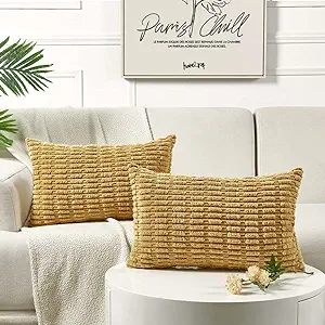 Photo 1 of 2 Packs Boho Lumbar Decorative Throw Pillow Covers Mustard Yellow 12x20 Inch/30x50 cm,Rectangle Soft Solid Striped Cushion Cases for Living Room Couch Bedroom,Rustic Modern Farmhouse Home Decor
