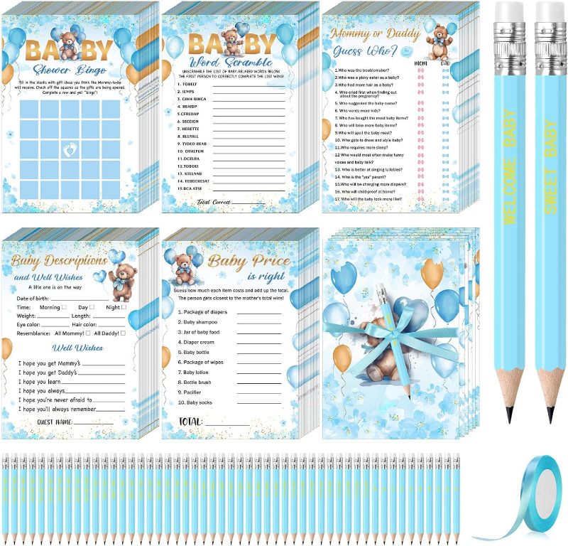 Photo 1 of 150 Sheets Baby Shower Games with Pencils 5 Game Activities Cards Includes Description and Well Wishes, Baby Bingo, Baby Price is Right, Guess Who, Baby Word Scramble Game(Classic)
