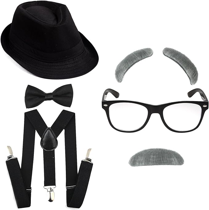 Photo 1 of 1920's Boys Gangster Costume Set - Short Brim Fedora Hat,Adjustable Suspenders with Pre-Tied Bow Tie, Old Man Eyebrows & Moustache,Nerd Fake Glasses for Kids & Child(Black Hat & Black Suspenders)
