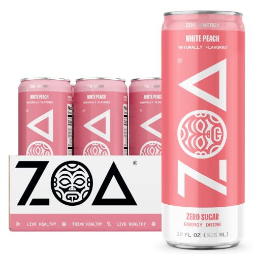 ZOA Zero Sugar Energy Drinks, White Peach - Sugar Free with ...