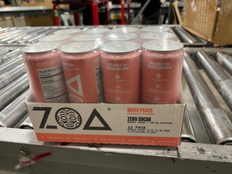Photo 2 of ZOA Zero Sugar Energy Drinks, White Peach - Sugar Free with Electrolytes, Healthy Vitamin C, Amino Acids, Essential B-Vitamins, and Caffeine from Green Tea - 12 Fl Oz (12-Pack) 
EXD 02/25/24