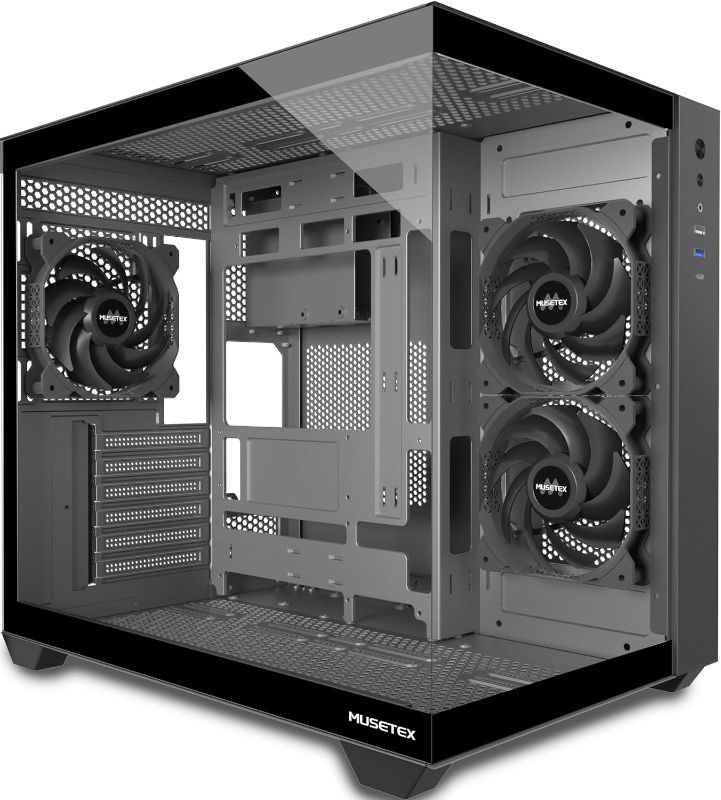 Photo 1 of MUSETEX ATX PC Case, 3 x 120mm Fans Pre-Installed, 360MM RAD Support, 270° Full View Tempered Glass Gaming PC Case with Type-C, Mid Tower ATX Computer Case, Black, Y6 