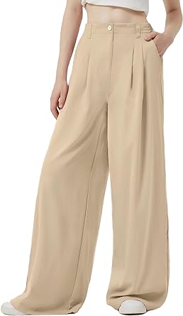 Photo 1 of EXARUS Womens Wide Leg Pants with Pockets Back Elastic Waist Pleated Flowy Palazzo Trousers Casual Work