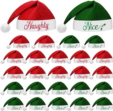 Photo 1 of 24 Pieces Christmas Santa Hats Non Woven Fabric Naughty and Nice Santa Hats for Adult Men Women Kids Party Holiday
