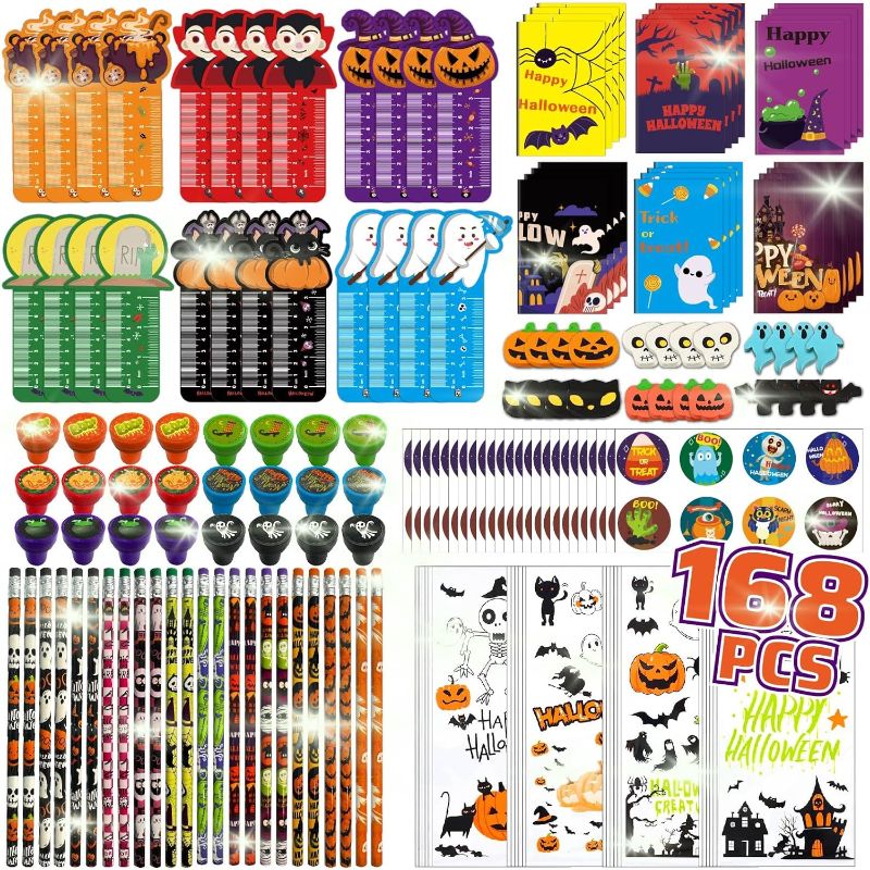 Photo 1 of 168PCS Halloween Party Favors Stationery Set for Kids,24Pack Halloween Stationery Supplies Set,Halloween Miniatures Prizes, Halloween Goodie Bag Fillers,Pencil,Eraser,Ruler,Notepad,Stamper,Sticker 