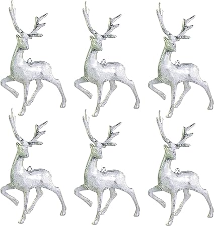 Photo 1 of iPEGTOP 6 Pcs Christmas Deer Glitter Reindeer Hanging Elk Ornaments, Mini 6.7 x 4 inches Holiday Figurines Statues for Christmas Tree Home Tabletop Decoration, White