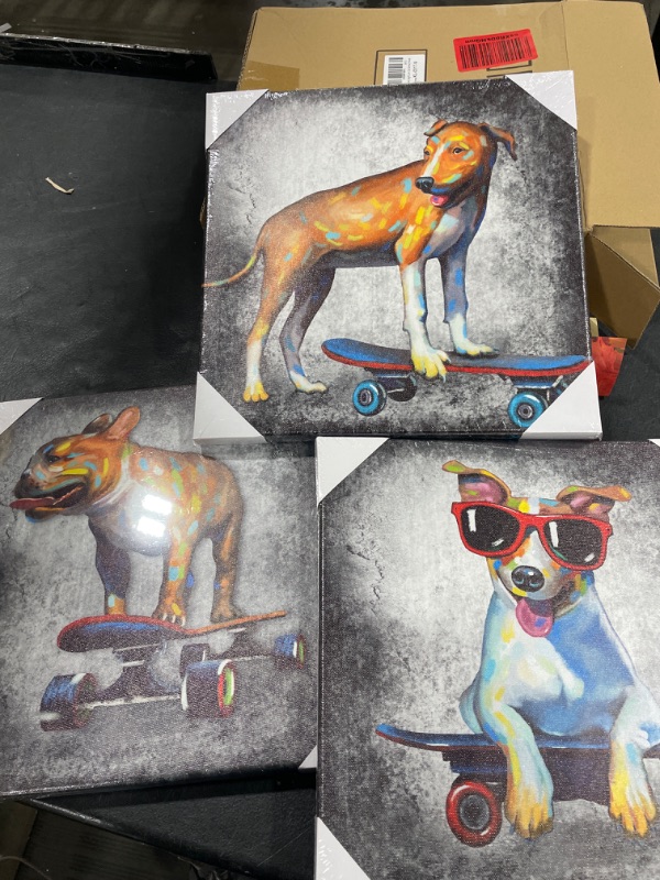 Photo 1 of 3 Piece Dog Canvas Wall Art Animal Pet Painting Pictures Funny PUPPYS SKATEBOARDING  for Kids Bedroom Living Room Gallery Wrapped Ready to Hang