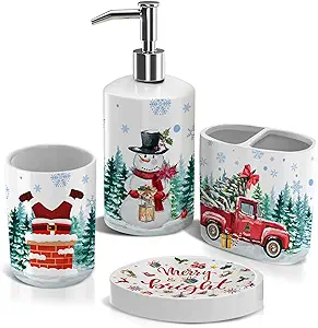 Photo 1 of Christmas Bathroom Accessory Sets of 4, Christmas Bathroom Decor, Santa Claus Bathroom Tumbler, Snowman Soap Dispenser, GnomeTrunk Toothbrush Holder, Merry & Bright Soap Dish, for WOM

