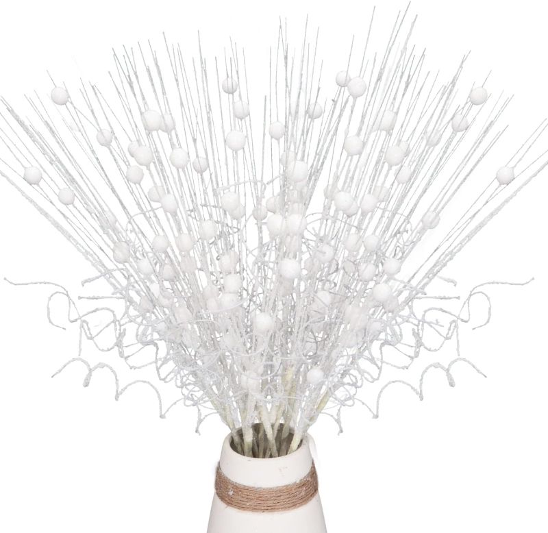 Photo 1 of 16Pcs Glitter Christmas Tree Picks Curly Sprays Sparkle Artificial Berry Stems Twigs 17" Ting Branches Vase Fillers Decorative Sticks for Xmas Tree Decorations Winter Wreath DIY Crafts (16, White) 