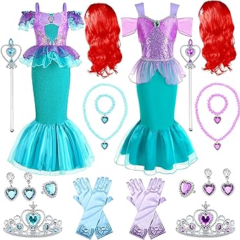Photo 1 of 2 Pcs Princess Mermaid Costume Party Dress Carnival Halloween Birthday Dress Up with Accessories
