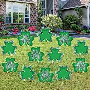 Photo 1 of 12 Pieces Shamrocks St. Patrick's Day Yard Sign with 24 Stakes Saint Patrick's Day Plastic Ornaments for Outdoor Decorations
