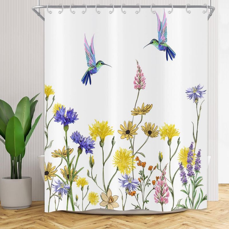 Photo 1 of GCIREC Floral Shower Curtain, Spring Yellow Daisy Flowers with Hummingbirds Rustic Floral Bathroom Curtain for Home Bathtub Decor Waterproof Fabric Machine Washable with Hooks