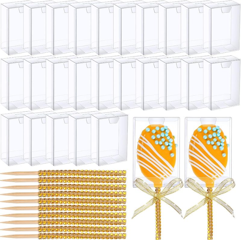 Photo 1 of Zhehao 100 Set 3.5 x 2.4 x 1.4 Inches Clear Rice Treat Boxes with Stick Include 100 Pcs Boxes 100 Pcs Bling Stick with 2 Rolls Glitter Ribbons for Party (Silver Style