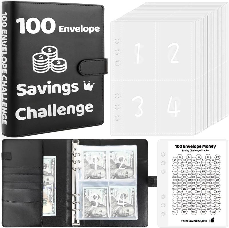 Photo 1 of 100 Envelopes Challenge Binder, 2024 New A5 Money Saving Budget Binder with Cash Envelopes, 6 Rings Savings Challenges Book, Laminated Budgeting Planning Tracker to Save $5050 Black
