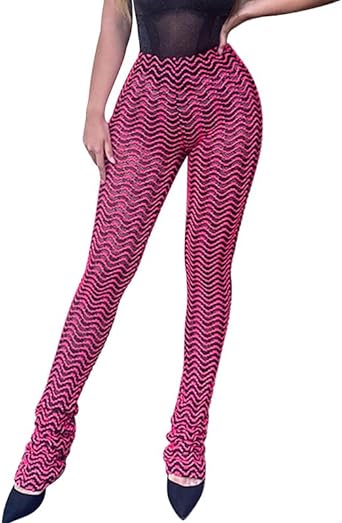 Photo 1 of Dreay Women's Wave Pattern Flare Leg Pants High Waist Chevron Print Skinny Casual Pants M