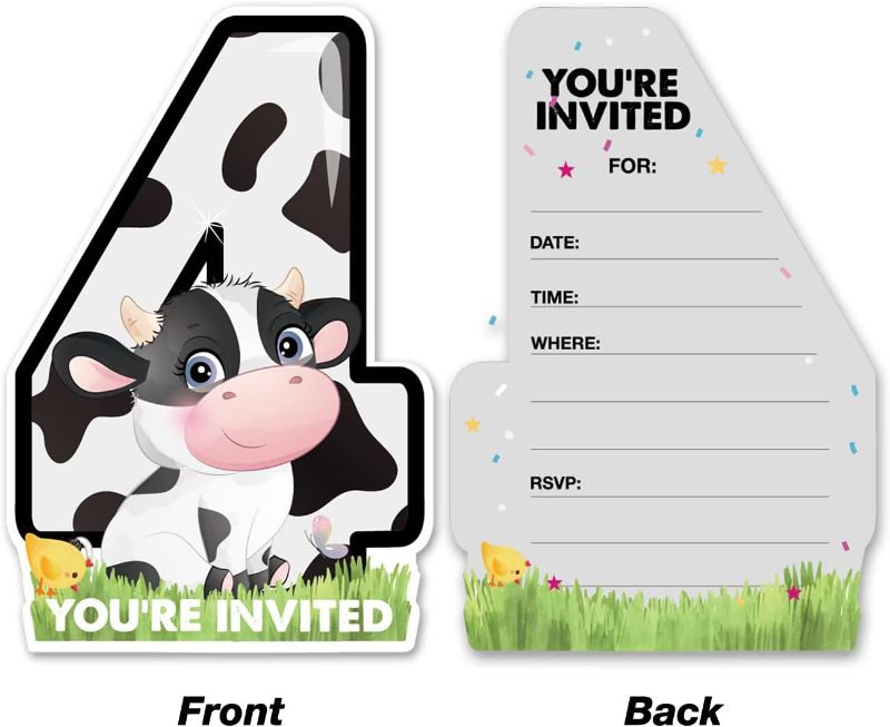 Photo 1 of 20 Cow 4th Birthday Party Invitations with Envelopes Double Sided Farm Cow Shaped Fill-in Invitations Invites for 4 Year Old
