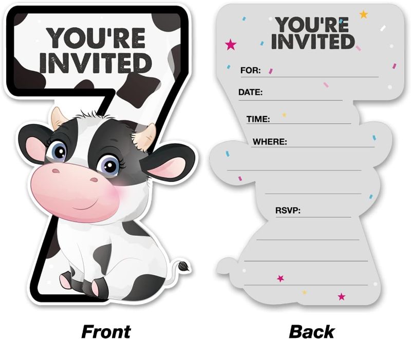 Photo 1 of 20 Cow 7th Birthday Party Invitations with Envelopes Double Sided Farm Animal Cow Shaped Fill-in Invitations Invites for 7 Year Old
