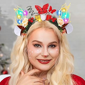 Photo 1 of Aukmla Light Up Christmas Reindeer Antlers Headband LED Xmas Deer Antler Hairband Flower Headwear Glowing Hair Hoop Party Cosplay Hair Accessories for Women and Girls