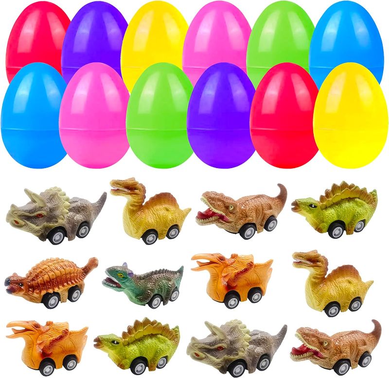 Photo 1 of Cherislpy 12 Pack Easter Eggs with Dinosaur Pull Back Cars Holiday Party Favors for Kids Boys Toddlers Easter Basket Stuffers,Easter Egg Hunt
