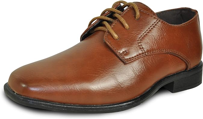 Photo 1 of bravo! Boy Dress Shoe King Lace-up Oxford Plain Toe or Cap Toe Leather Sock for School Uniform Formal Event Size from Toddler to Youth Black Brown Cognac 6Y