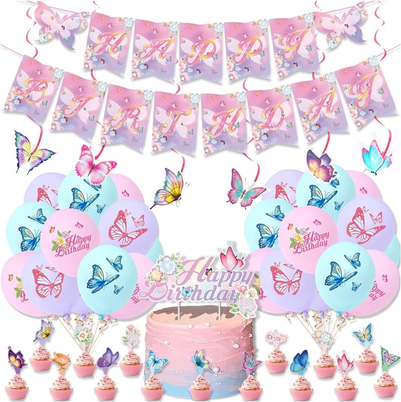 Photo 1 of AIKEI Butterfly Birthday Party Decorations Girls Butterfly Party Supplies with Birthday Banner, Cupcake Toppers and Butterfly Theme Balloons
