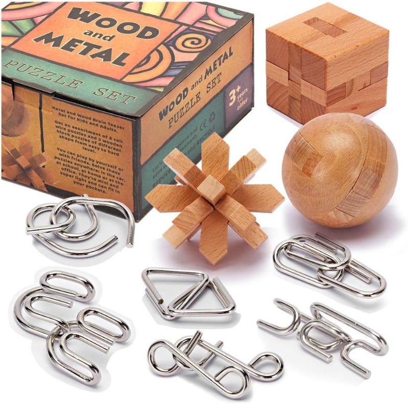 Photo 1 of 6 Pieces Brain Teaser Puzzles, Metal and Wooden Unlock Interlock Mind Teasing IQ Toy for Kids, Teens and Adults