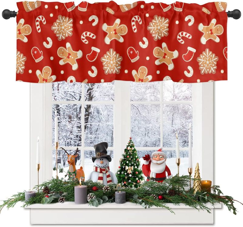 Photo 1 of YOKOU Christmas Curtain Valance, Gingerbread Man Xmas Socks Glove Snowflake Candy Canes Red Short Rod Pocket Window Treatment for Living Room, Bedroom, Kitchen, Bathroom, 1 Panel, 42" W x 12" L
