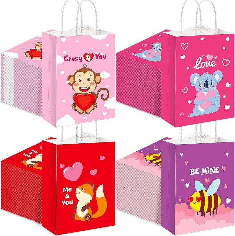 Photo 1 of 100 Pieces Valentine Gift Bags Bulk Cute Animal Valentines Treat Bags with Handle Valentine Party Favors Bags for Valentine's Day Gift Wrapping Party Supplies (8.27 x 5.91 x 3.15 Inches)
