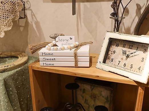 Photo 1 of 3 Pcs Decorative Books for Home Decor, White Farmhouse Faux Wood Book Stack, Wood Bead with Tassels for Coffee Table Shelf (Home, Sweet, Home)
