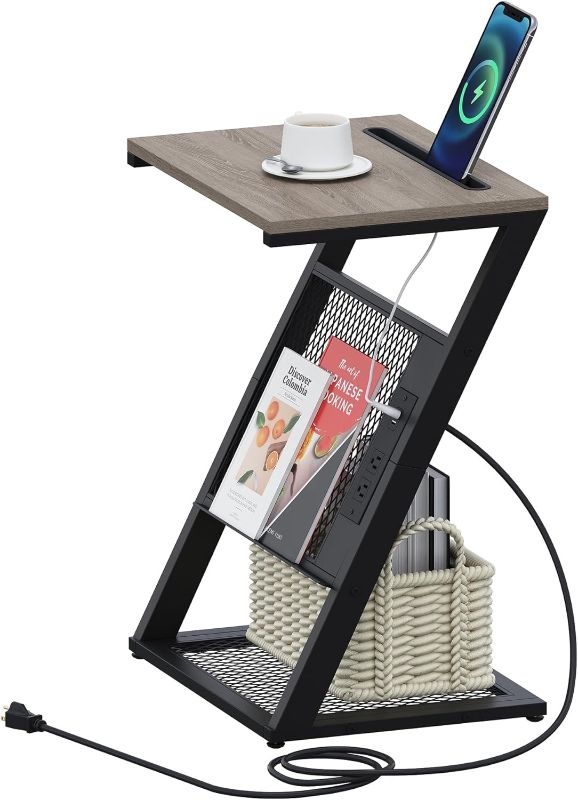 Photo 1 of  Yifeel End Table with Charging Station, Side Table with Storage Shelf, Small Bedside Table with Phone Stand, Nightstand for Small Spaces, Living Room, Bedroom, Greige and Black JET002CSG1 