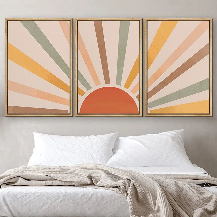 Photo 1 of 24" H x 48" W x 1.5" D Shining Sun With Multicolor Rays Of Light Wall Art Framed On Canvas 3 Pieces Bold Art, COLORS DIFFER SLIGHTLY FROM STOCK IMAGE