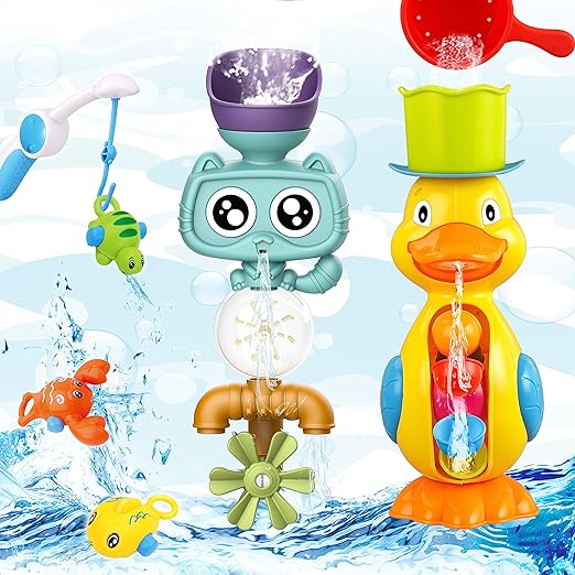 Photo 1 of Bath Toys for Toddlers 1-3 3-5,Baby Bath Toys Cute Duck Cat Waterfall with Rotate Waterwheel Shower Toys,Fishing Game,Floating Bathtub Toys Swimming Fish Toy,Baby Water Toys Pool Toys for Toddlers 1-3 