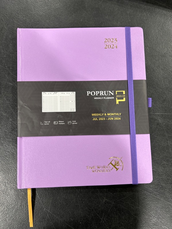 Photo 2 of POPRUN 2024 Planner Daily Weekly and Monthly 8.5''x 6.5'' - Agenda 2024 Appointment Book with Hourly Time Slots, Hard Cover, Monthly Tabs, 100 GSM - Violet Violet Medium- 8.5''x 6.5''