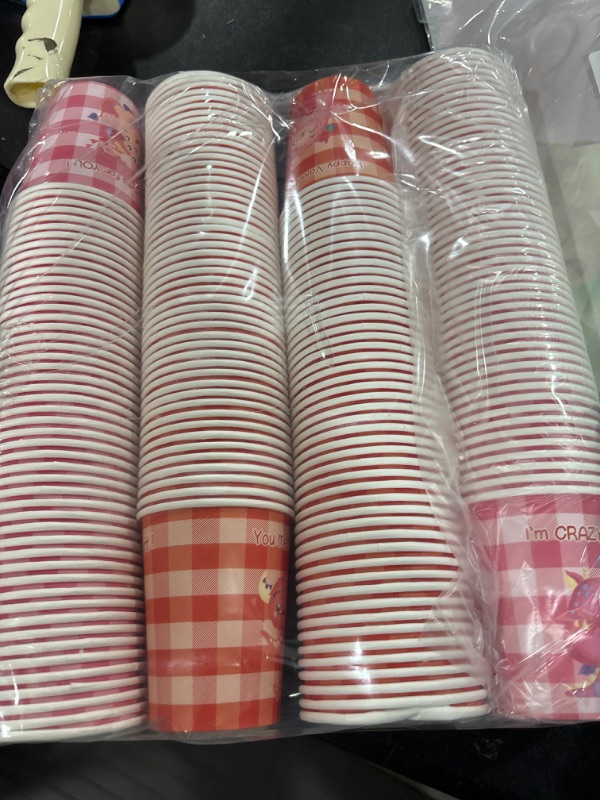 Photo 2 of 200 Pack Valentine's Day Disposable Cups Pink Drinking Cups for Kids 9 oz Valentines Paper Cups Bulk Valentine's Day Party Supplies for Coffee Tea Beverage with Monster Pink Red Buffalo Designs
