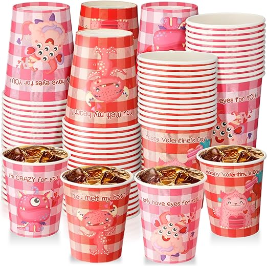 Photo 1 of 200 Pack Valentine's Day Disposable Cups Pink Drinking Cups for Kids 9 oz Valentines Paper Cups Bulk Valentine's Day Party Supplies for Coffee Tea Beverage with Monster Pink Red Buffalo Designs
