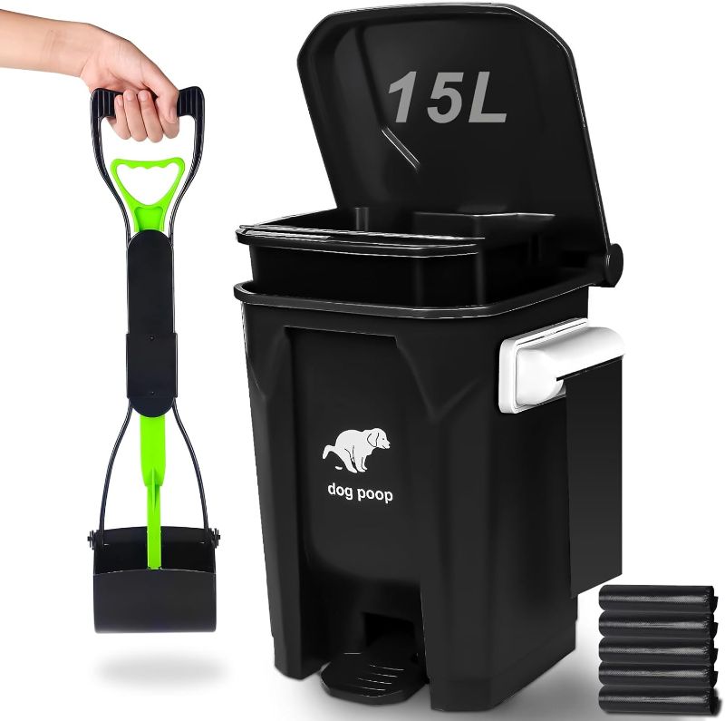 Photo 1 of  Uppcasir Dog Poop Trash Can for Outdoors with Foldable Pooper Scooper, Dog Waste Trash Can with Lid, Pedal and Removable Inner Waste Bin, Trash Can with 100 Free Dog Poop Bags, for Dog Walking, Black 