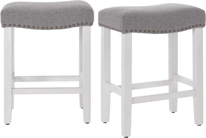 Photo 1 of  TENLLEY Bar Stools Set of 2,24 Inch Counter Height Barstools for Kitchen Island,Vintage Nailhead Trim Saddle Backless Bar Stools(Gray) 
