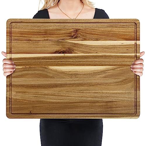 Photo 1 of 24 x 18 Inch Large Acacia Wood Cutting Board, Reversible Wooden Butcher Block Cutting Board with Juice Groove, Carving Board for Meat, Turkey, Charcuterie