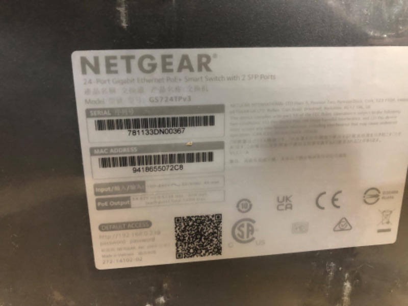 Photo 1 of NETGEAR 26-Port PoE Gigabit Ethernet Smart Switch (GS724TP) - Managed, 24 x 1G, 24 x PoE+ @ 190W, 2 x 1G SFP, Optional Insight Cloud Management, Desktop or Rackmount, and Limited Lifetime Protection 26-Port | 24xPoE+ 190W | 2xSFP
