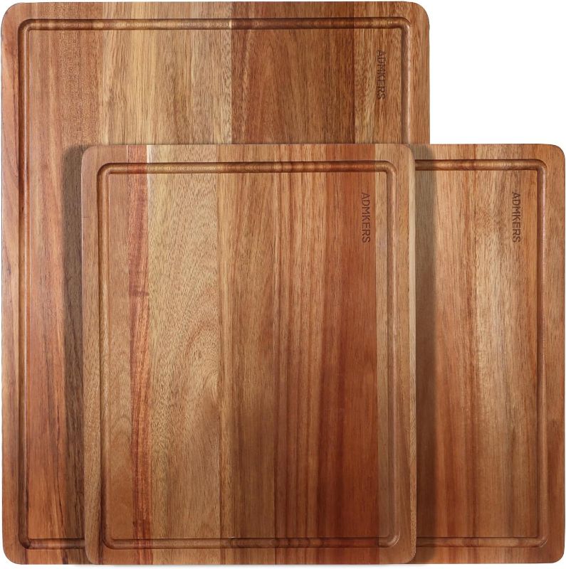 Photo 1 of  Wood Cutting Boards Set of 3 for Kitchen, Thick Chopping Board, Large Wooden Cutting Board Set with Deep Juice Groove and Handles, Wooden trays for meat, fruit and cheese (20x15, 15x12, 15x8 inch) 