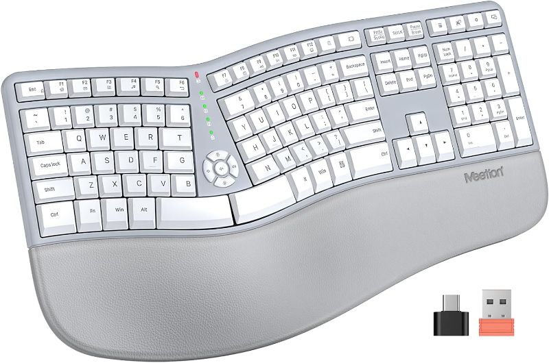 Photo 1 of MEETION Ergonomic Keyboard, Split Wireless Keyboard with Cushioned Wrist, Palm Rest, Curved, Natural Typing Full Size Rechargeable Keyboard with USB-C Adapter for PC/Computer/Laptop/Windows/Mac, Gray
