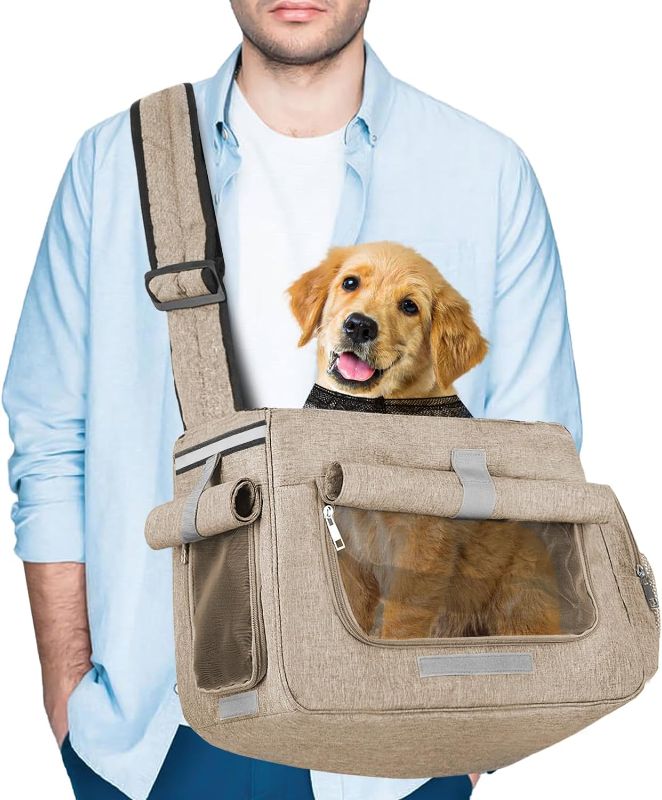 Photo 1 of  Tarovvoo Dog Sling Carrier- Dog Carrier for Medium Dogs Small Dogs Large Cats, Up to 20lbs, Pet Carrier Sling with Breathable Windows, Hard Bottom, Hand-Free for Outdoor Travel (Khaki) 