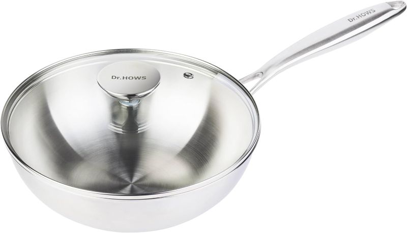 Photo 1 of  Dr.HOWS ESSENTIAL Tri-ply construction Stainless Steel Kitchen Cookware Wok, Pan with Glass lid Induction, Gas Cookware, Easy To Clean,Dishwasher Safe, Oven Safe, Silver(9.5" wok with lid) 
