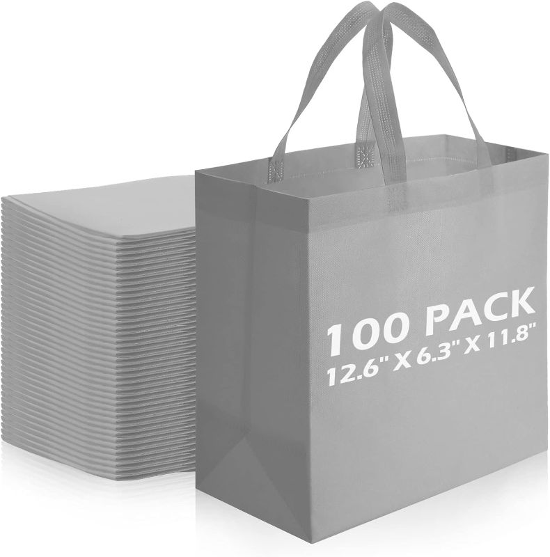 Photo 1 of 100 Pieces Reusable Totes Bag Set Non Woven Grocery Bag with Handles Fabric Portable Tote Bag Bulk for Shopping Merchandise Events Parties Boutiques Retail Stores (GREY)