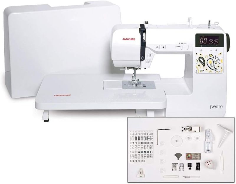 Photo 1 of  Janome JW8100 Fully-Featured Computerized Sewing Machine with 100 Stitches, 7 Buttonholes, Hard Cover, Extension Table and 22 Accessories 