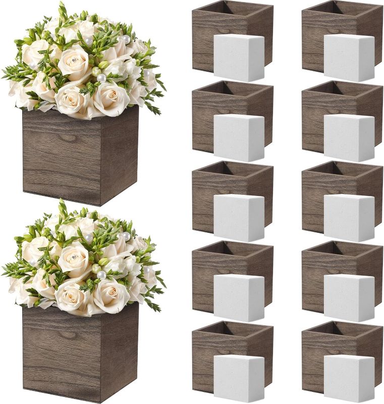 Photo 1 of  Suzile 12 Set Wooden Planter Box Square Wood Flower Box Rustic Cube Planter Box with Removable Foam Blocks Liner Square Vase for Centerpiece Craft Garden Home (Brown Wood,4 Inch) 