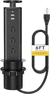 Photo 1 of Pop Up Outlet for Countertop, Pop Up Socket with 3 AC Outlets and 2 USB-A & 1 PD 20W USB-C Ports, Pull Pop Up Power Outlet for Kitchen Conference Office, 3-3/8 Inch(85MM) Hole Grommet Power Strip