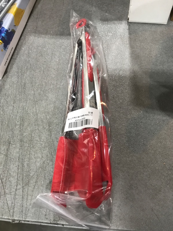 Photo 2 of 2 in 1 Kitchen Spatula and Tongs Non-Stick, Heat Resistant, Stainless Steel Frame, Food Grade Silicone & Dishwasher Safe, As Seen on TV (Red)